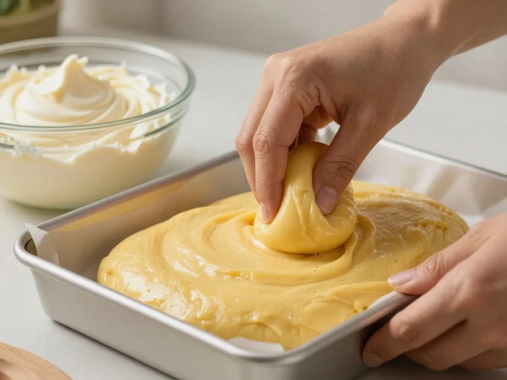 Pressing the cake mix crust into a baking pan