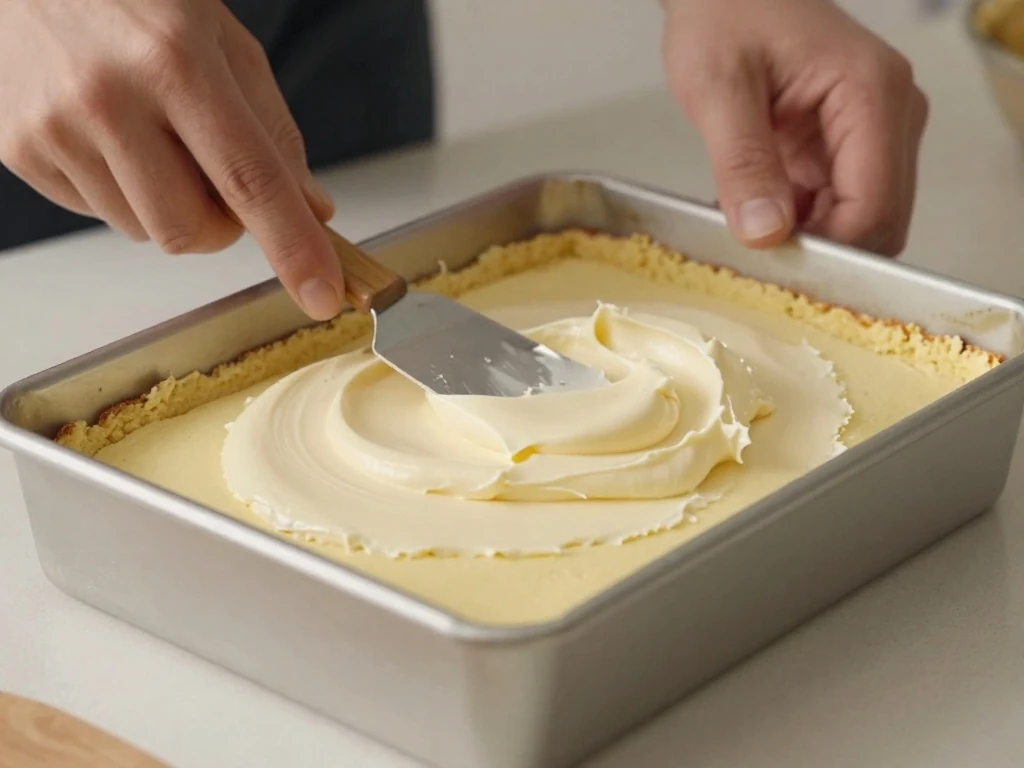 Spreading cream-cheese filling over the chess cake crust