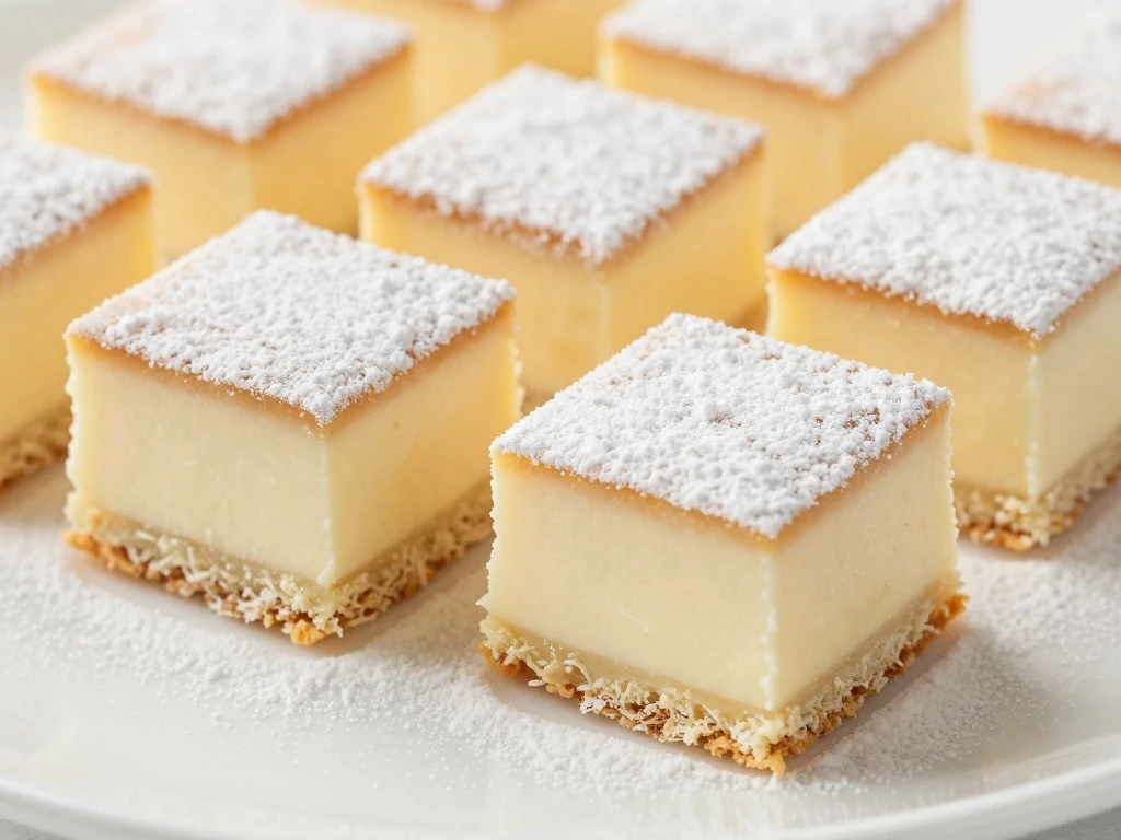 Cleanly sliced chess cake squares ready to serve