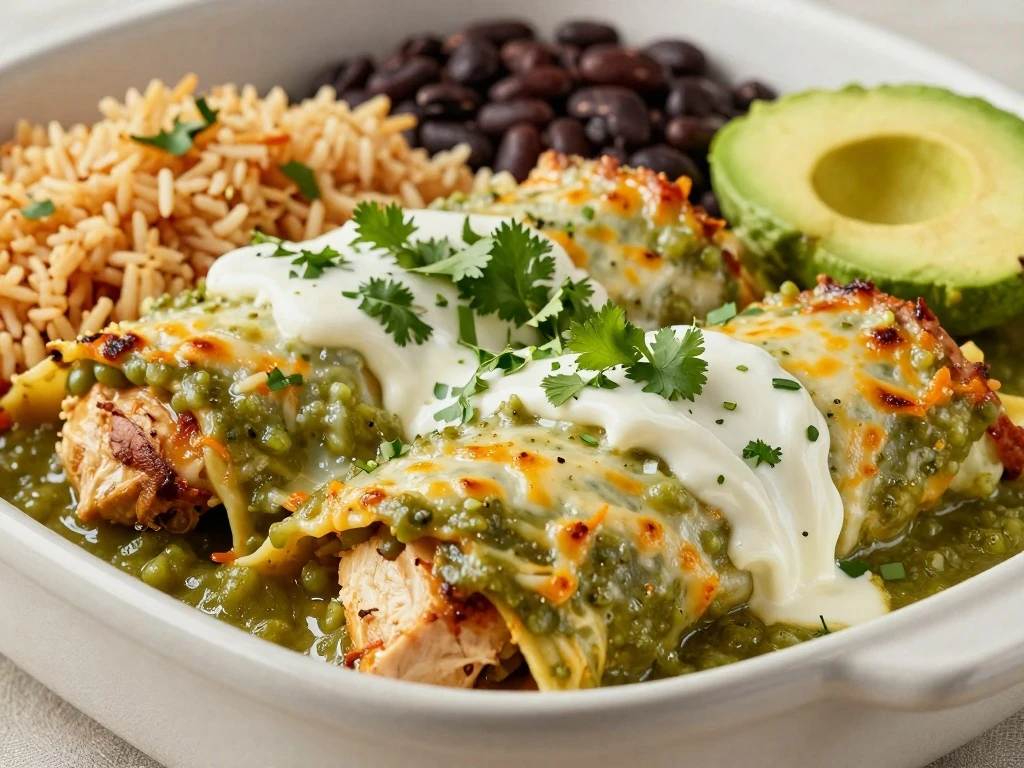 Chicken enchiladas verdes served with rice, beans, crema, and cilantro