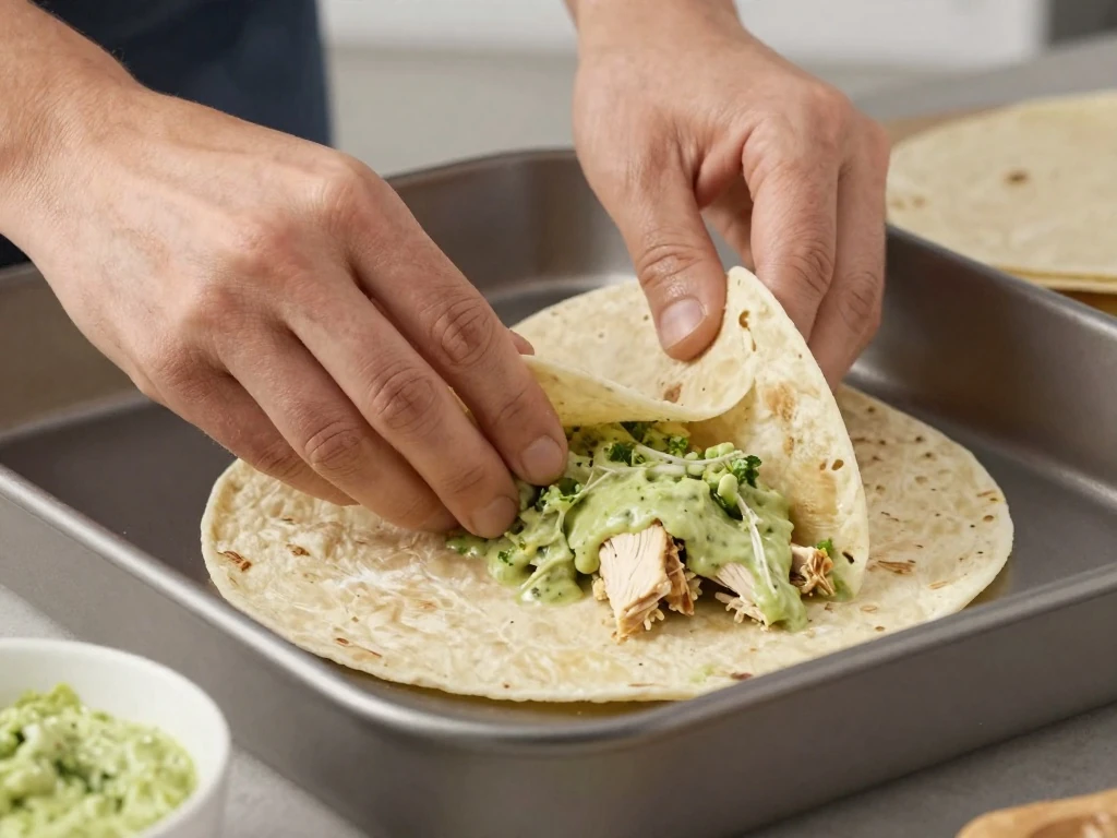 Rolling corn tortillas for chicken enchiladas verdes