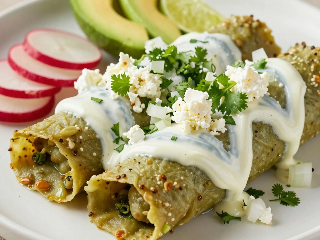 Garnished chicken enchiladas verdes with crema, cilantro, avocado, and lime