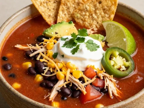 Chicken Tortilla Soup Recipe with Black Beans, Corn, and Crispy Strips