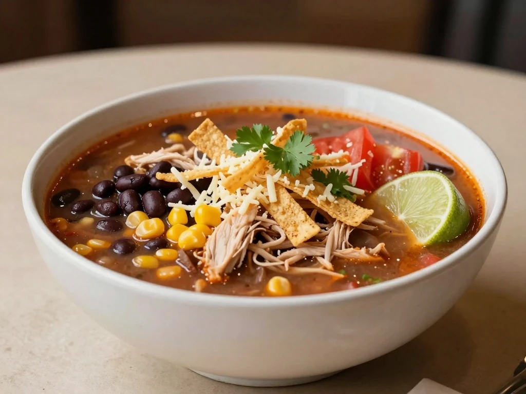 Bowl of homemade McAlister's-style chicken tortilla soup with tortilla strips and cilantro
