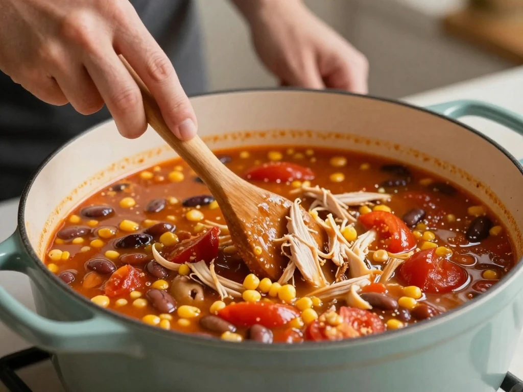 Chicken tortilla soup simmering in a Dutch oven