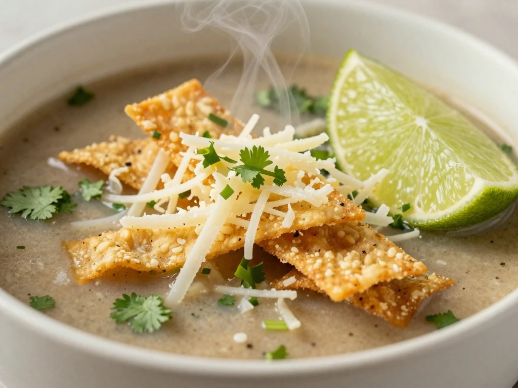 Crisp tortilla strips and lime garnishing chicken tortilla soup