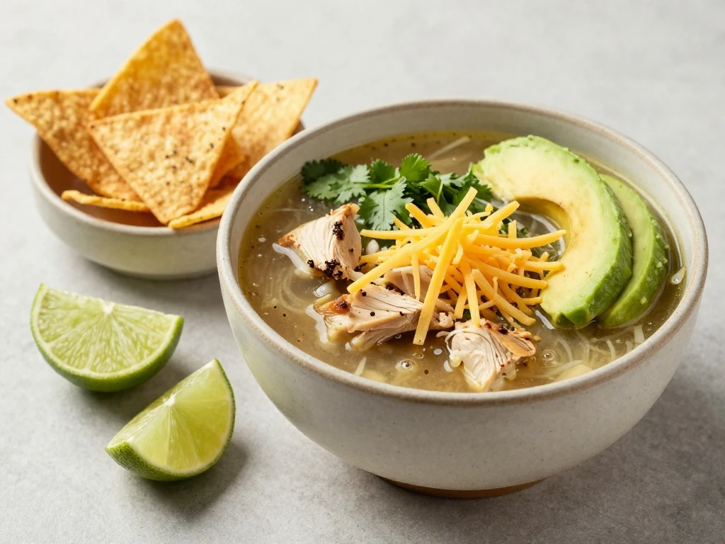 Chicken tortilla soup served with toppings and lime
