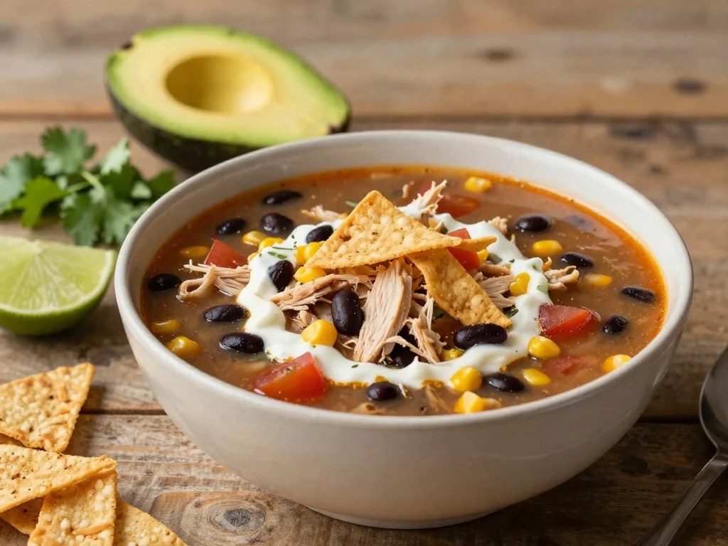 Bowl of chicken tortilla soup with tortilla strips and fresh toppings
