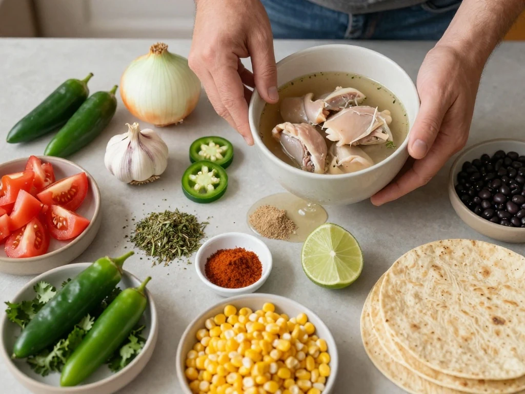 Ingredients for chicken tortilla soup arranged for cooking