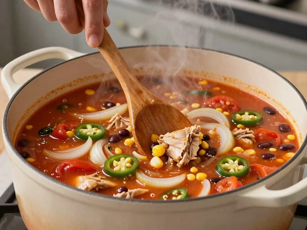 Chicken tortilla soup simmering in a Dutch oven