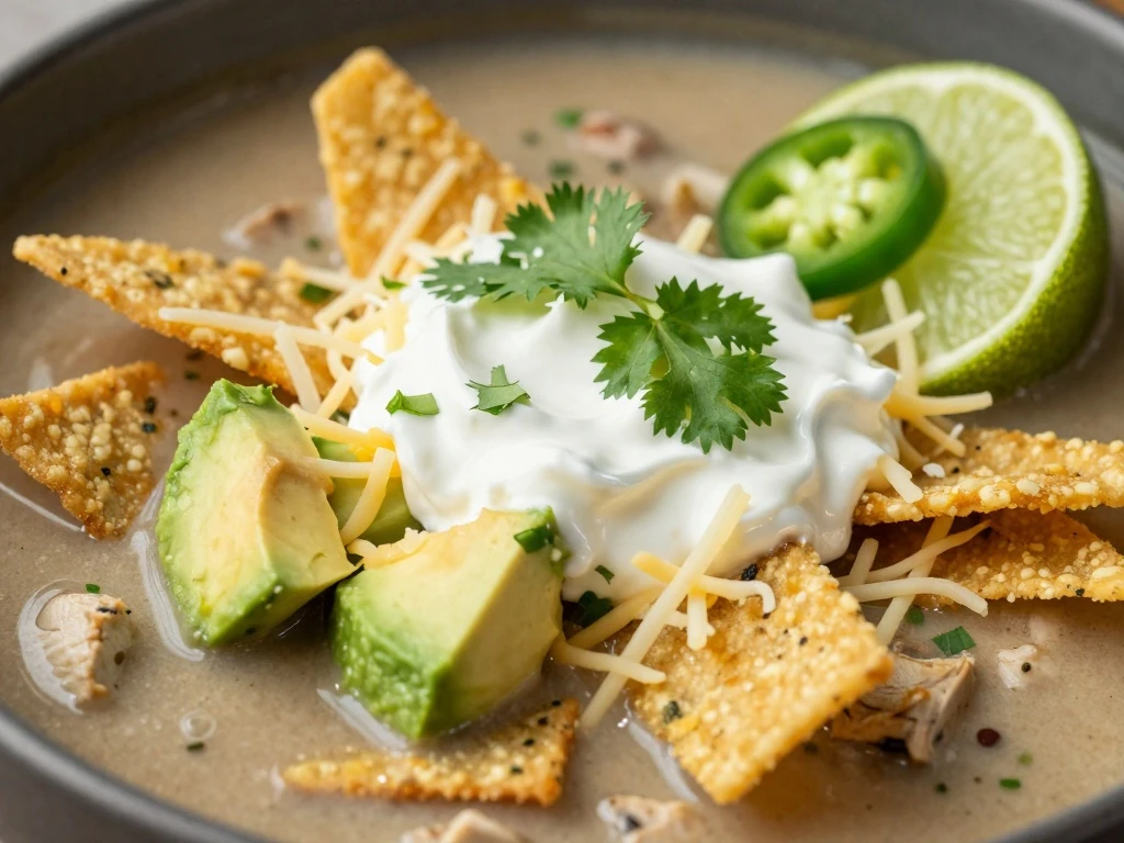 Chicken tortilla soup topped with avocado, cheese, cilantro, and tortilla strips