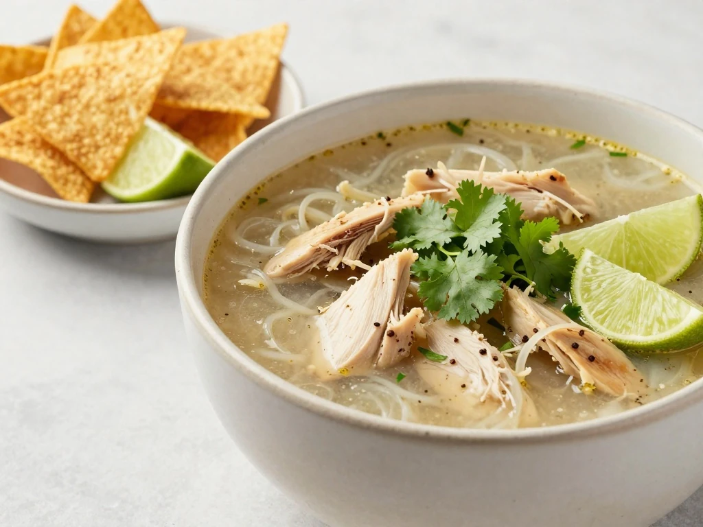 Reheated chicken tortilla soup served with separate crispy tortilla strips