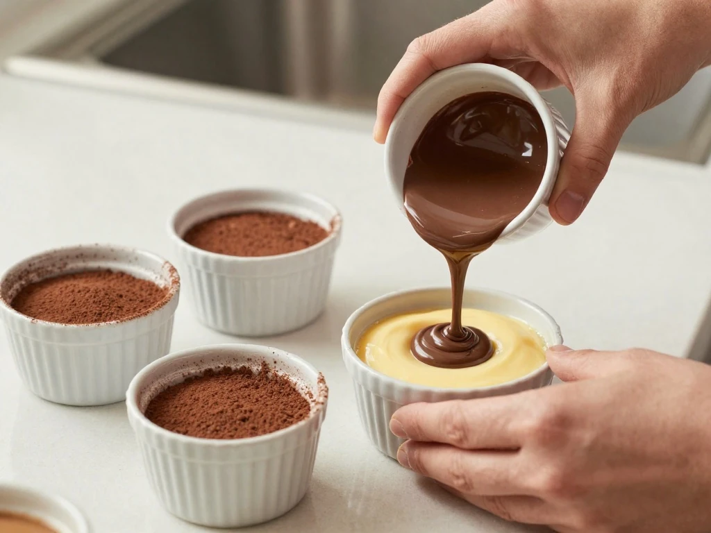 Preparing chocolate lava cake batter and ramekins