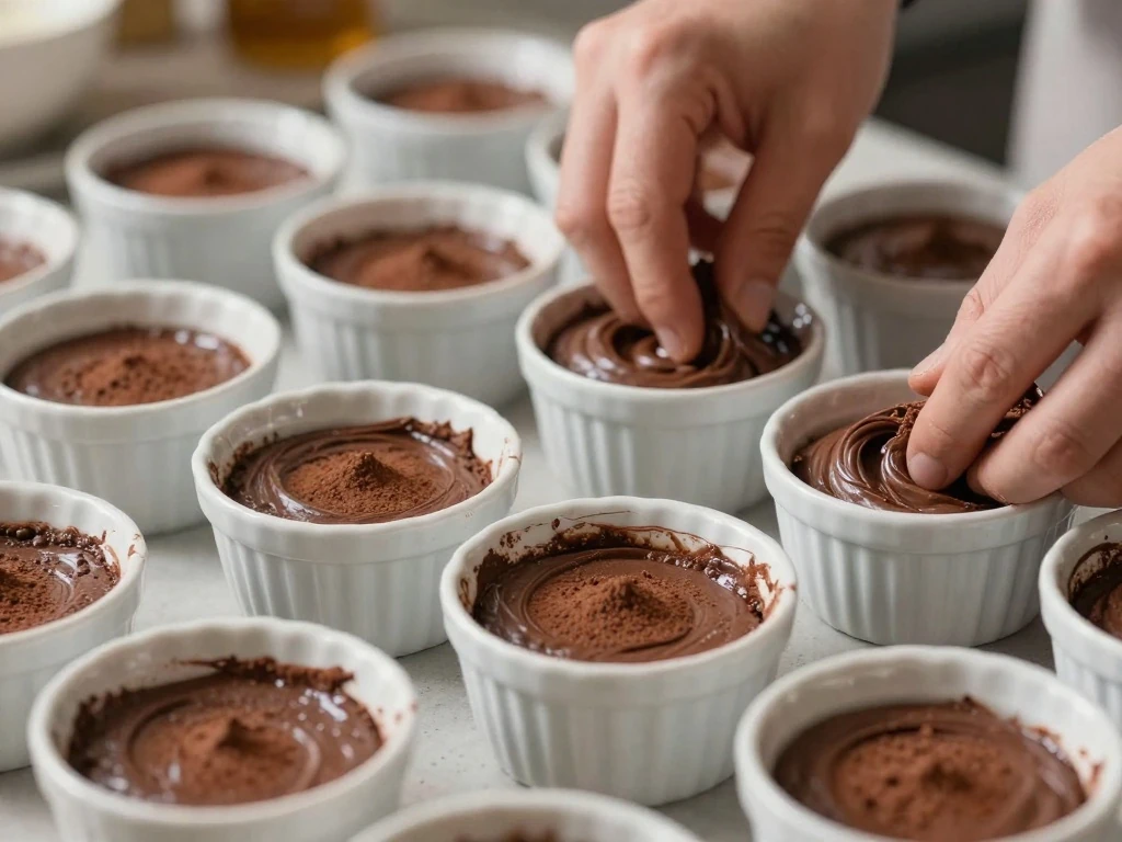 Filled ramekins ready to bake for molten chocolate cakes