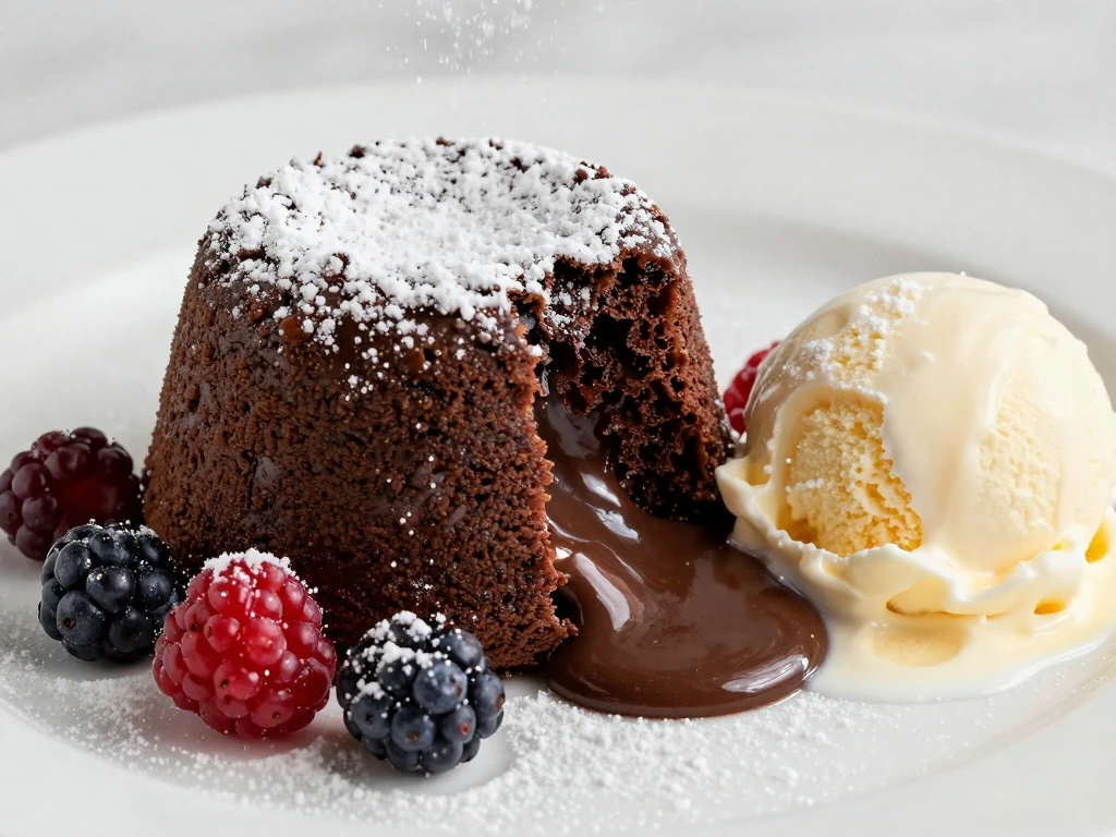 Chocolate lava cake served with berries powdered sugar and ice cream