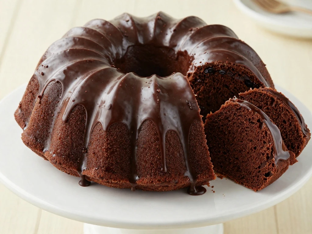 Glossy chocolate Bundt cake displayed on a cake stand