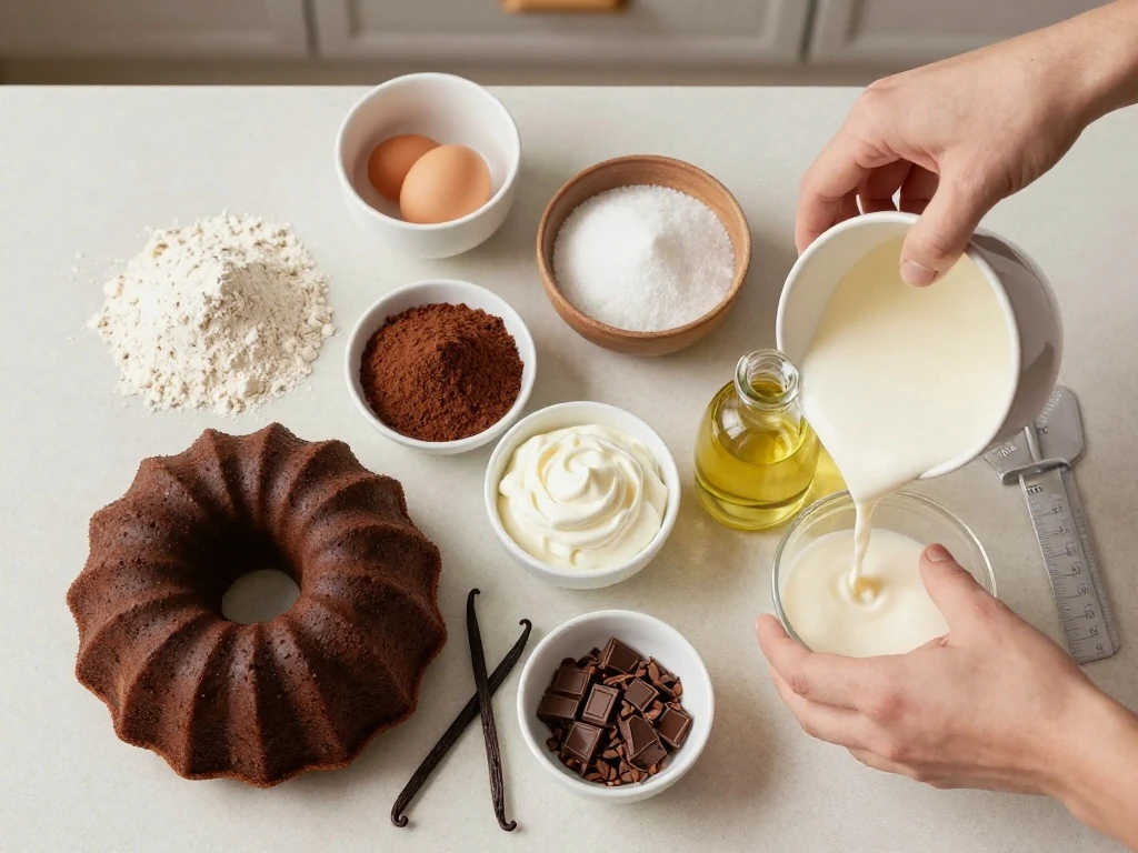 Ingredients for an easy chocolate Bundt cake recipe