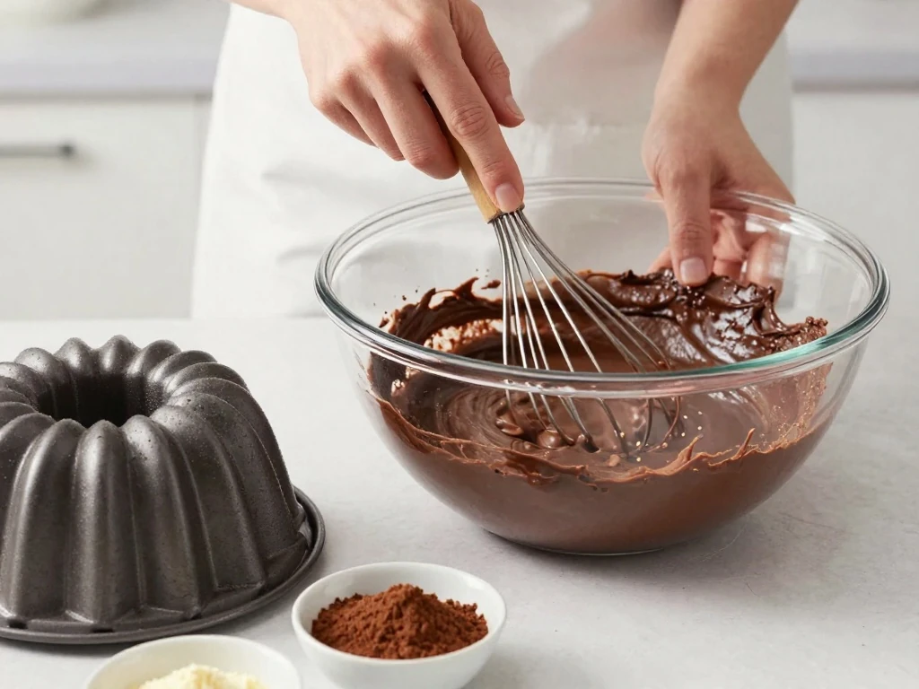 Whisking chocolate Bundt cake batter before baking