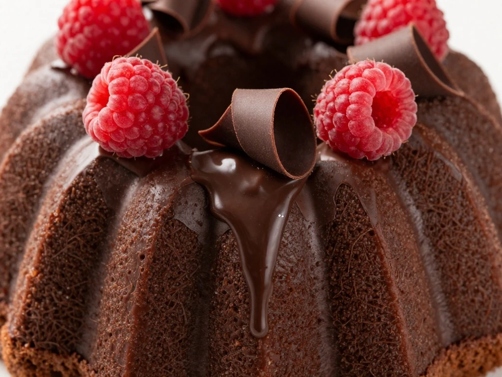 Chocolate ganache and chocolate curls on a Bundt cake