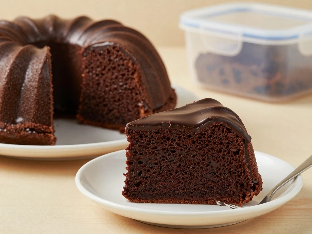 Stored chocolate Bundt cake with a ready-to-serve slice