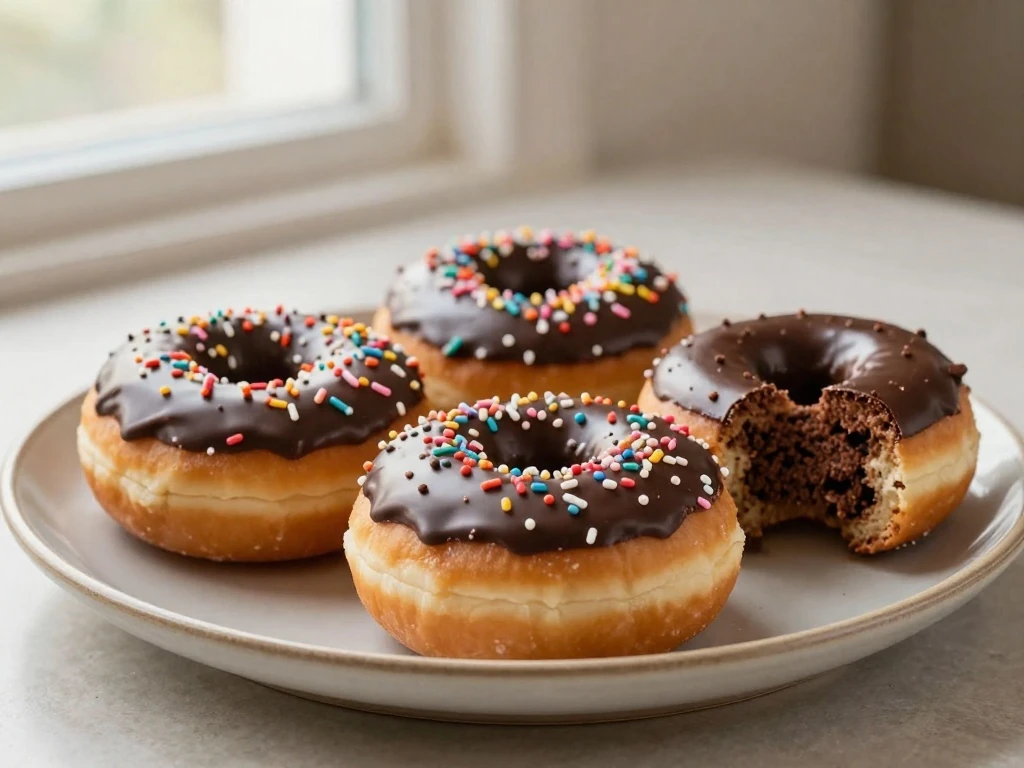 Classic chocolate cake donuts with glossy glaze and sprinkles