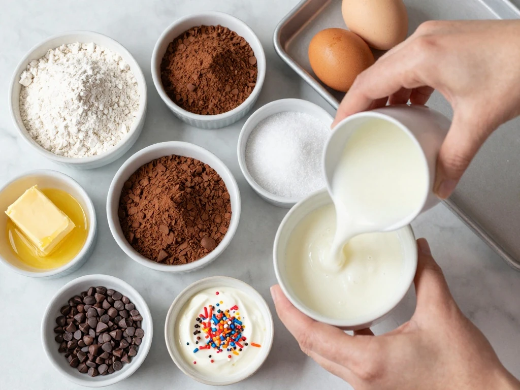 Ingredients for homemade classic chocolate cake donuts