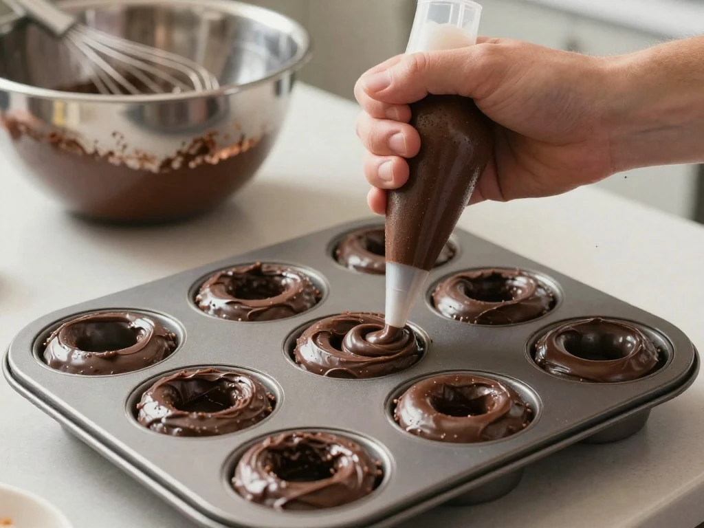 Piping chocolate donut batter into a donut pan