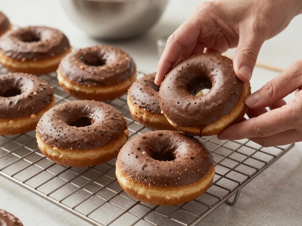 Freshly baked chocolate cake donuts cooling on a rack