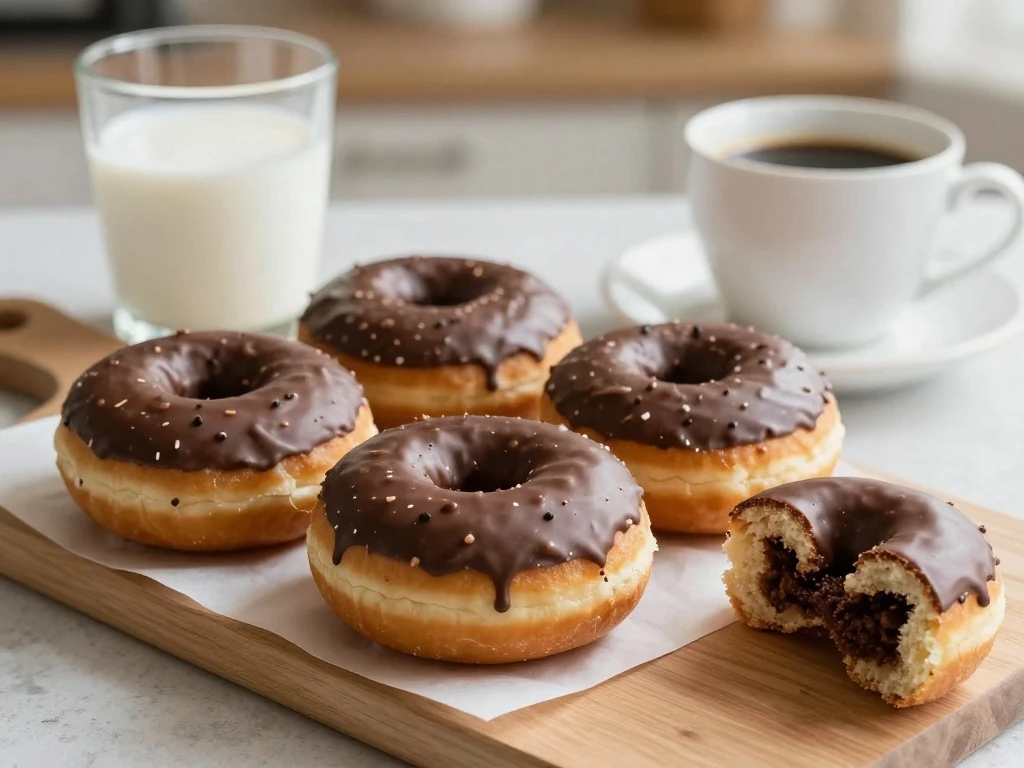 Chocolate cake donuts served with coffee and milk