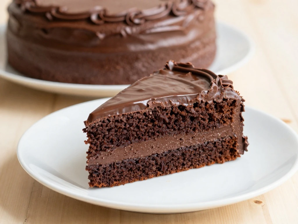 Slice of moist easy chocolate cake with chocolate frosting
