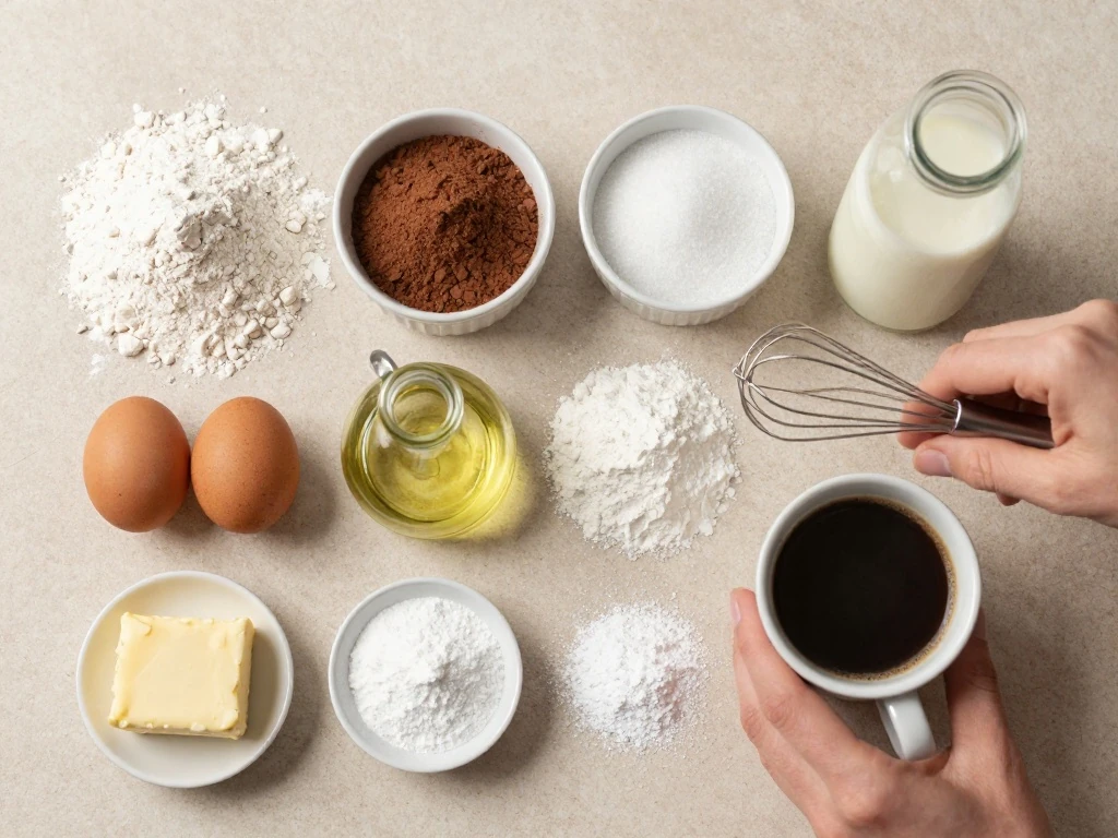 Ingredients for an easy homemade chocolate cake