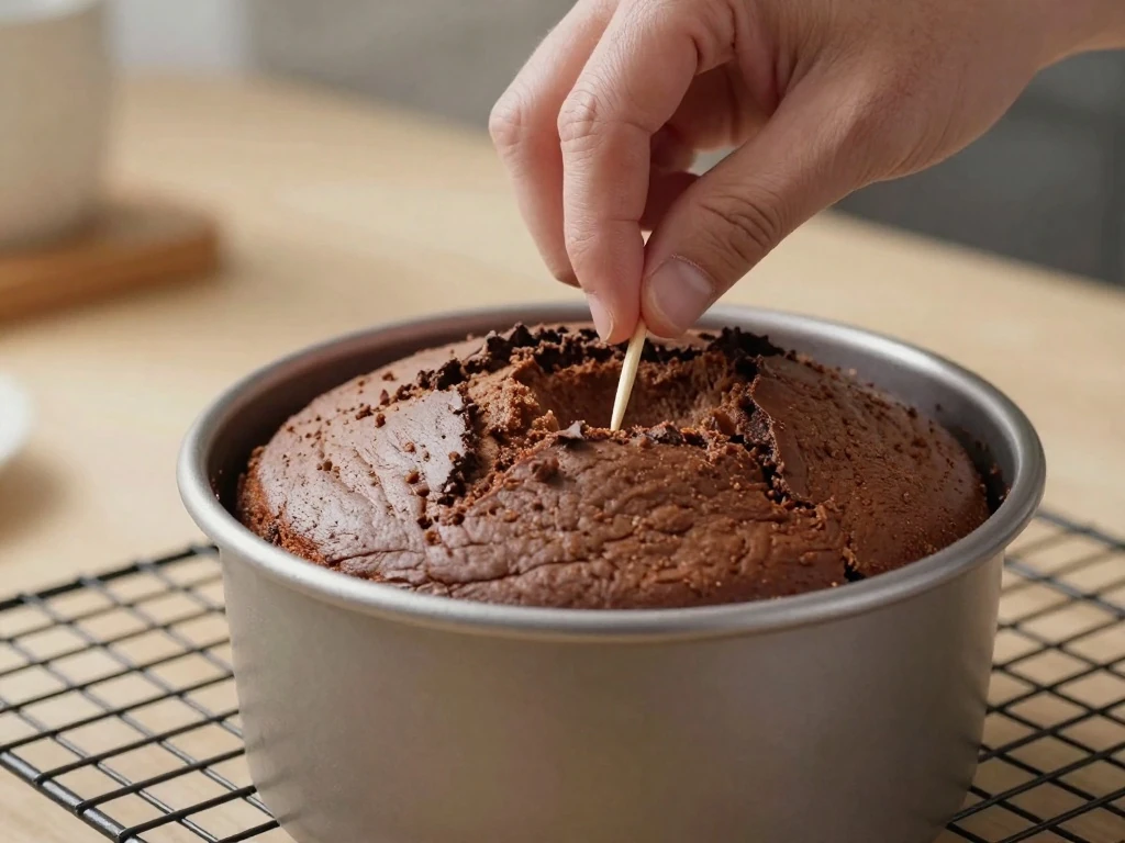 Testing a chocolate cake for doneness with a toothpick