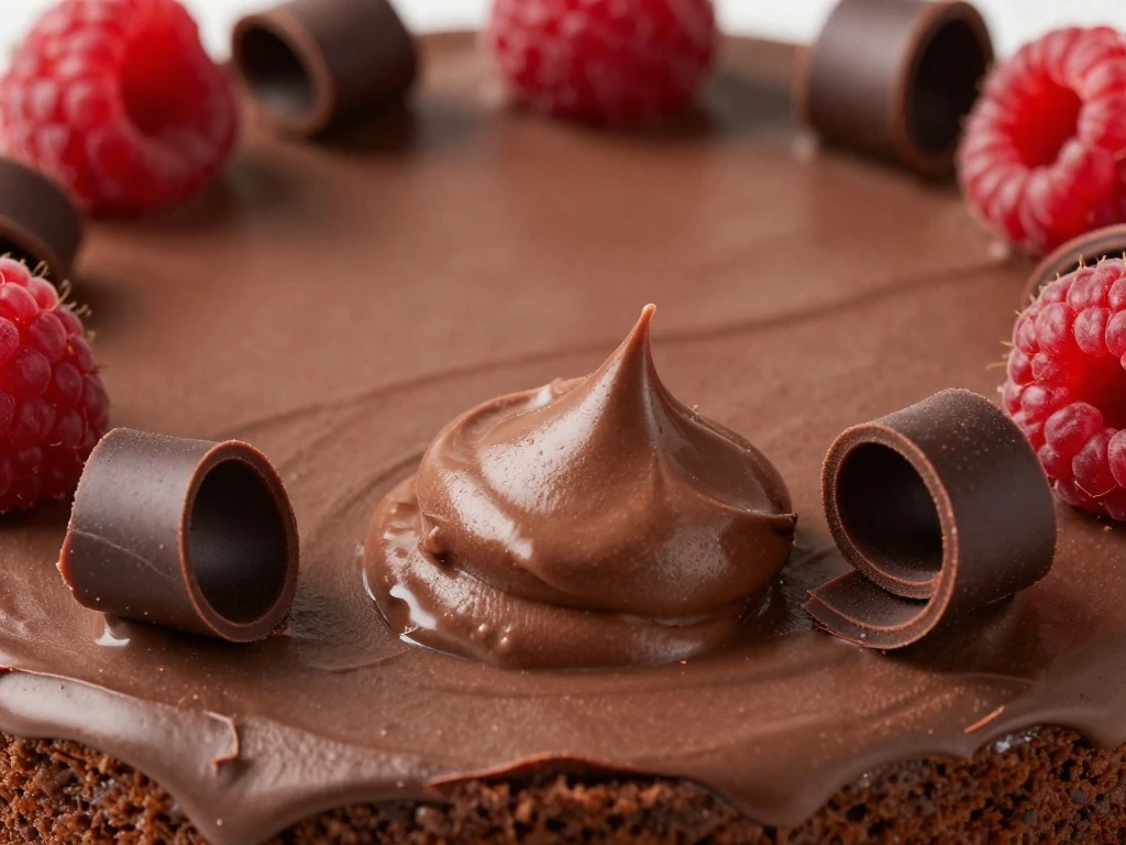 Chocolate buttercream and chocolate curls decorating a cake