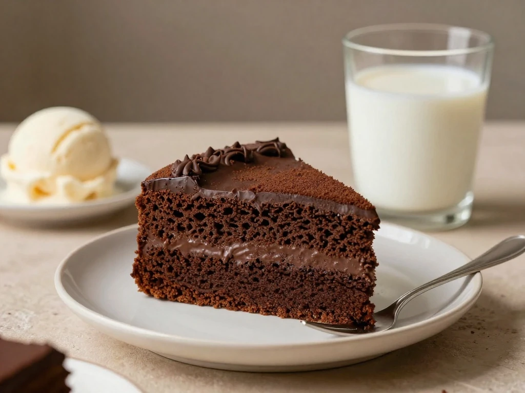 Chocolate cake slice served with milk and vanilla ice cream