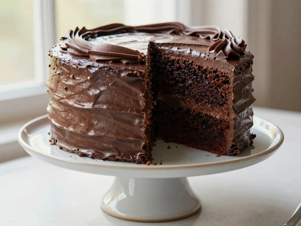 Moist two-layer chocolate cake with chocolate buttercream