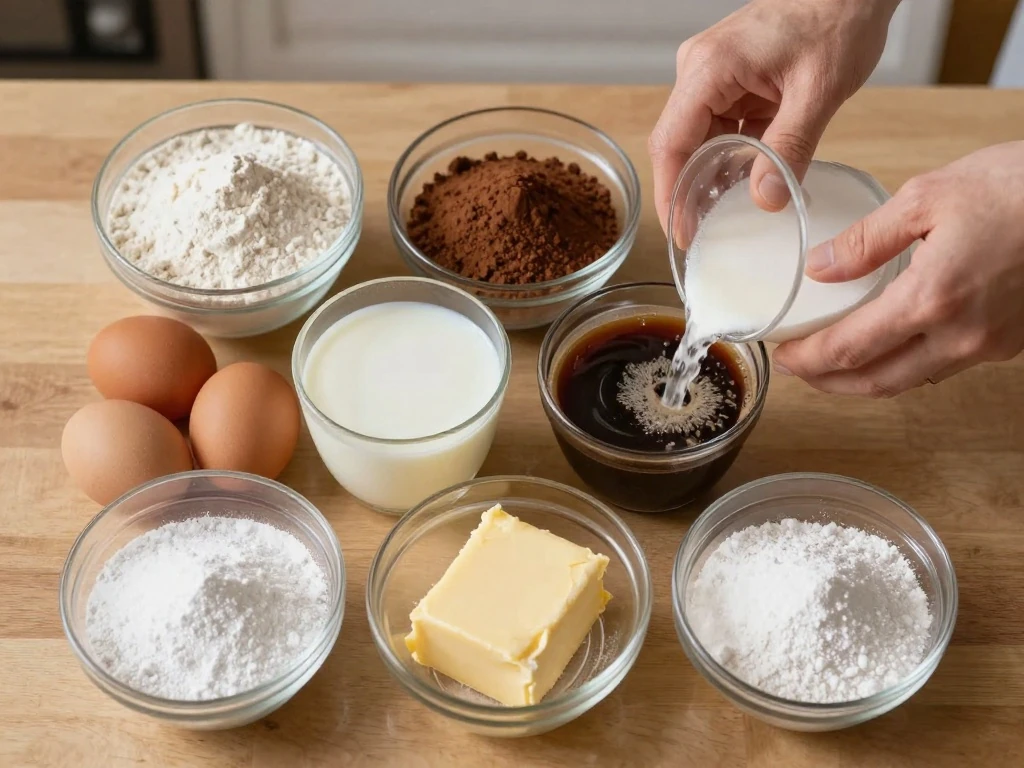 Ingredients for homemade chocolate cake and buttercream