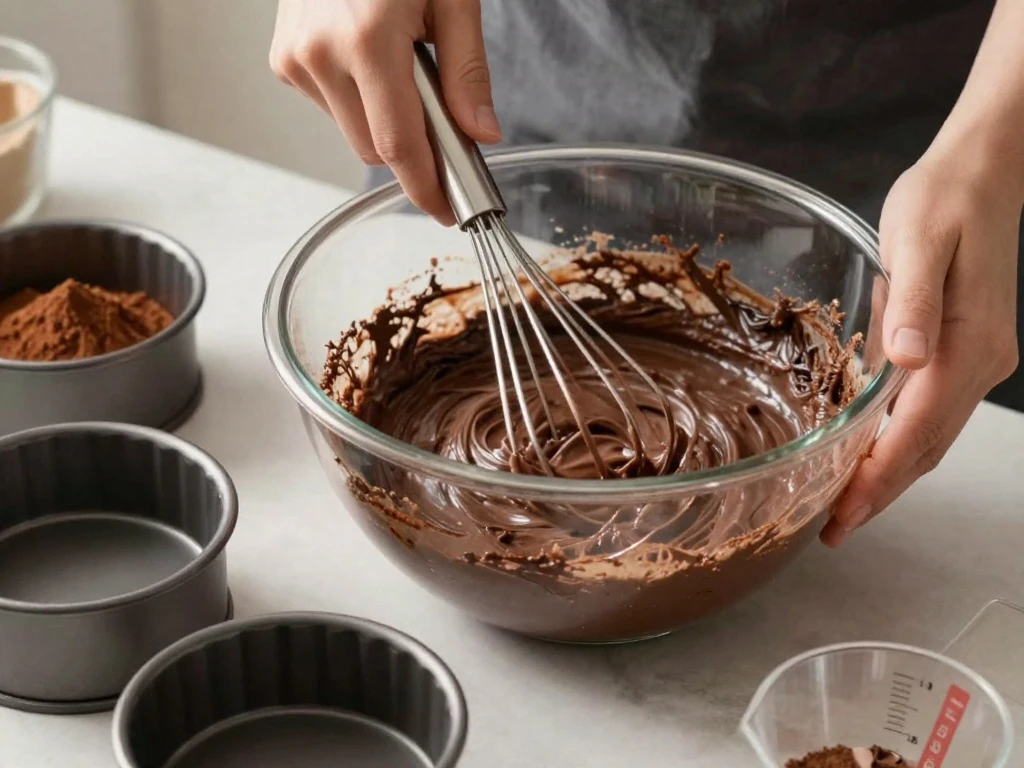 Chocolate cake batter being mixed before baking