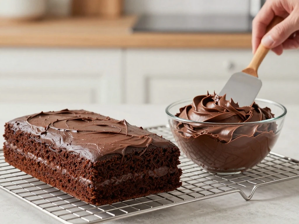 Cooled chocolate cake layers and chocolate buttercream ready for assembly