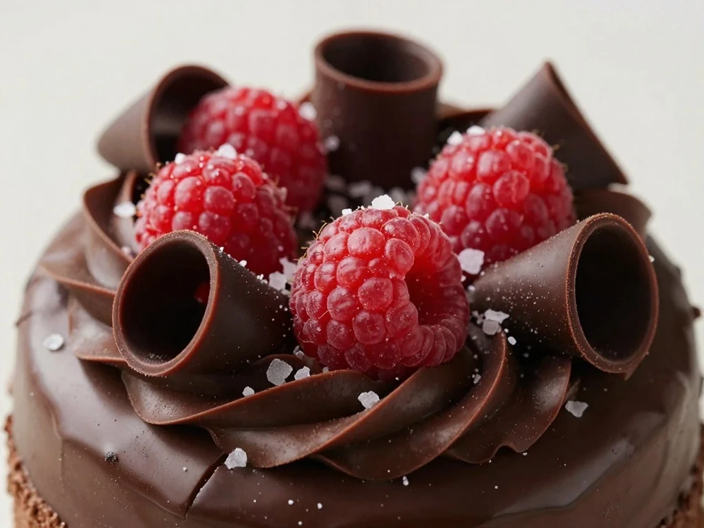 Chocolate cake decorated with curls, raspberries, and sea salt