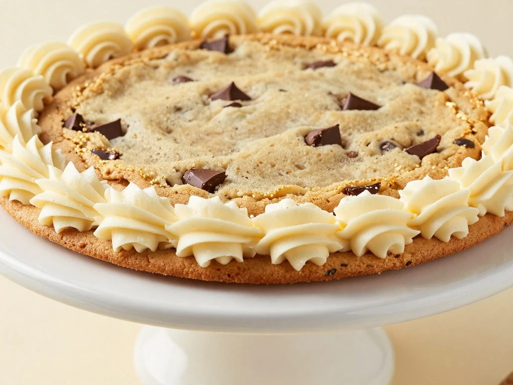 Thick homemade chocolate chip cookie cake with vanilla buttercream border