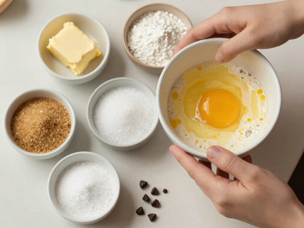 Ingredients for a chocolate chip cookie cake arranged for baking
