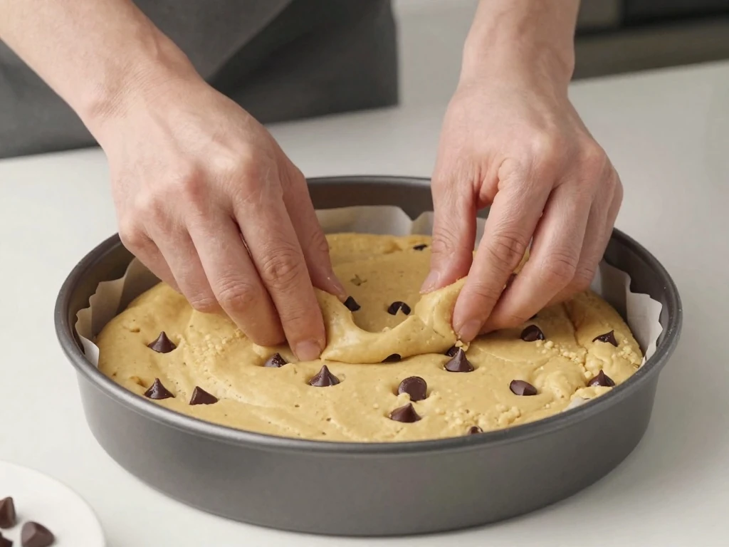 Chocolate chip cookie dough being pressed into a round cake pan