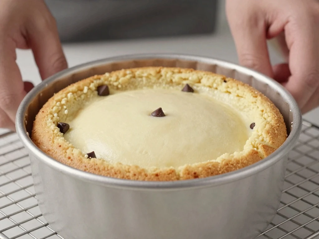 Freshly baked chocolate chip cookie cake cooling with a soft center