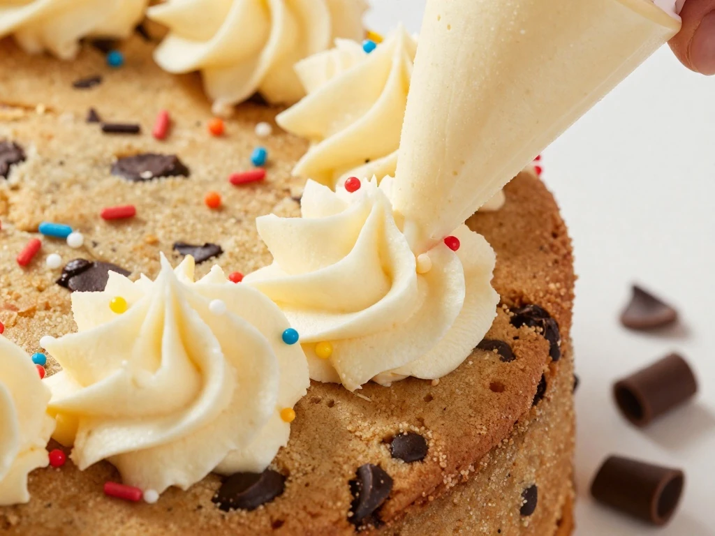 Vanilla buttercream border decorating a chocolate chip cookie cake