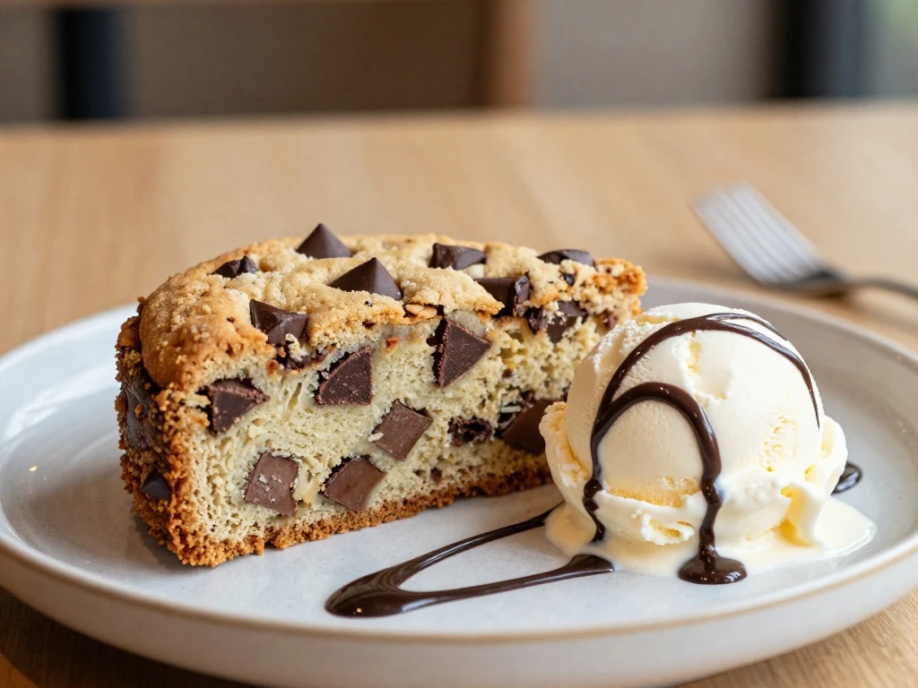 Slice of chocolate chip cookie cake served with vanilla ice cream