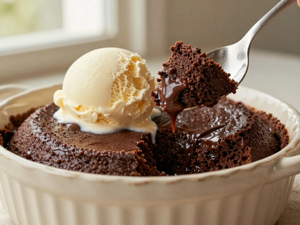 Warm chocolate pudding cake with glossy chocolate sauce and vanilla ice cream