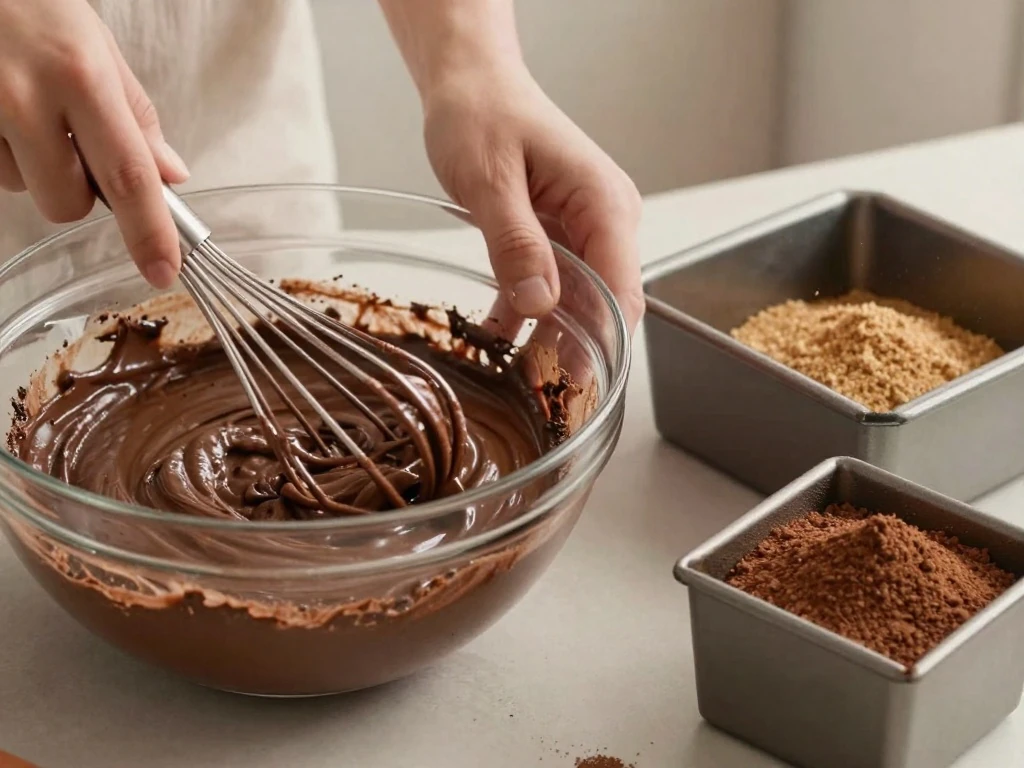 Preparing chocolate pudding cake batter before baking