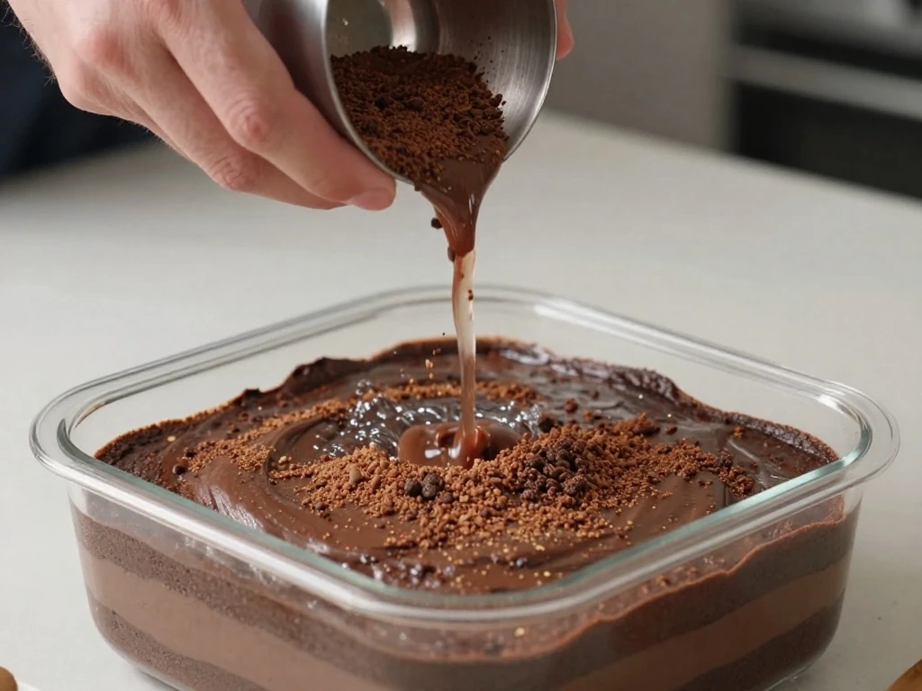 Pouring boiling water over chocolate pudding cake topping
