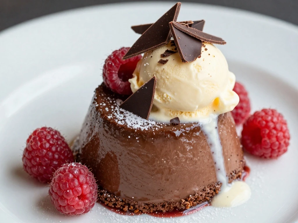 Chocolate pudding cake served with ice cream and raspberries