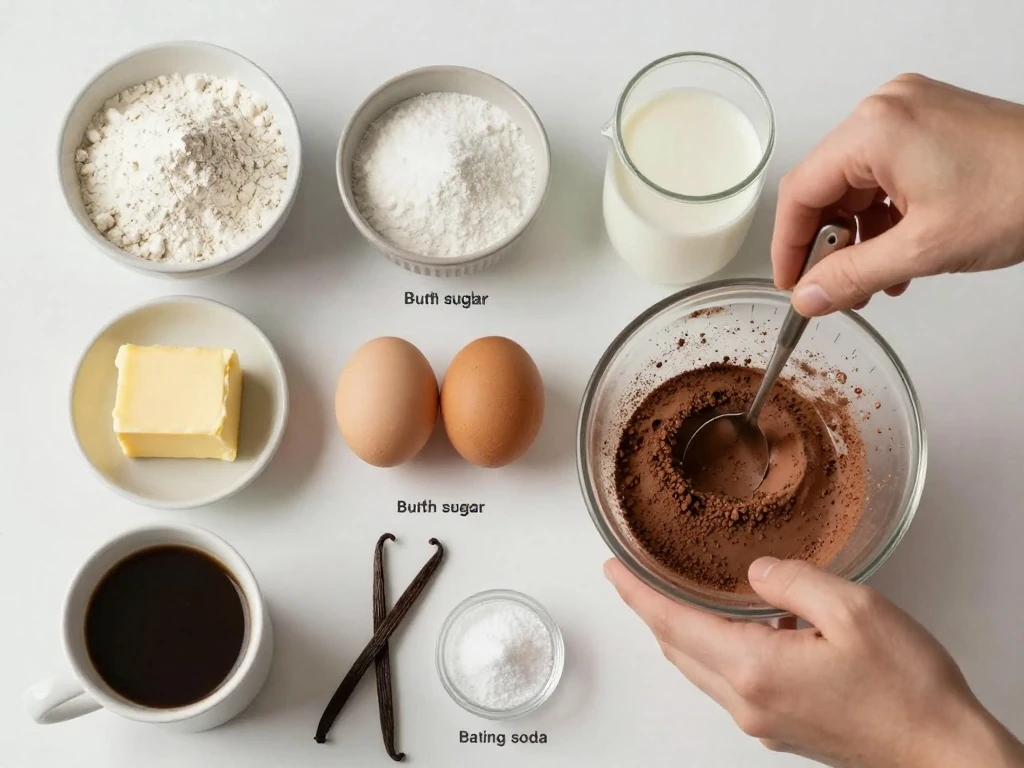 Measured ingredients for chocolate sheet cake arranged neatly on a white background.